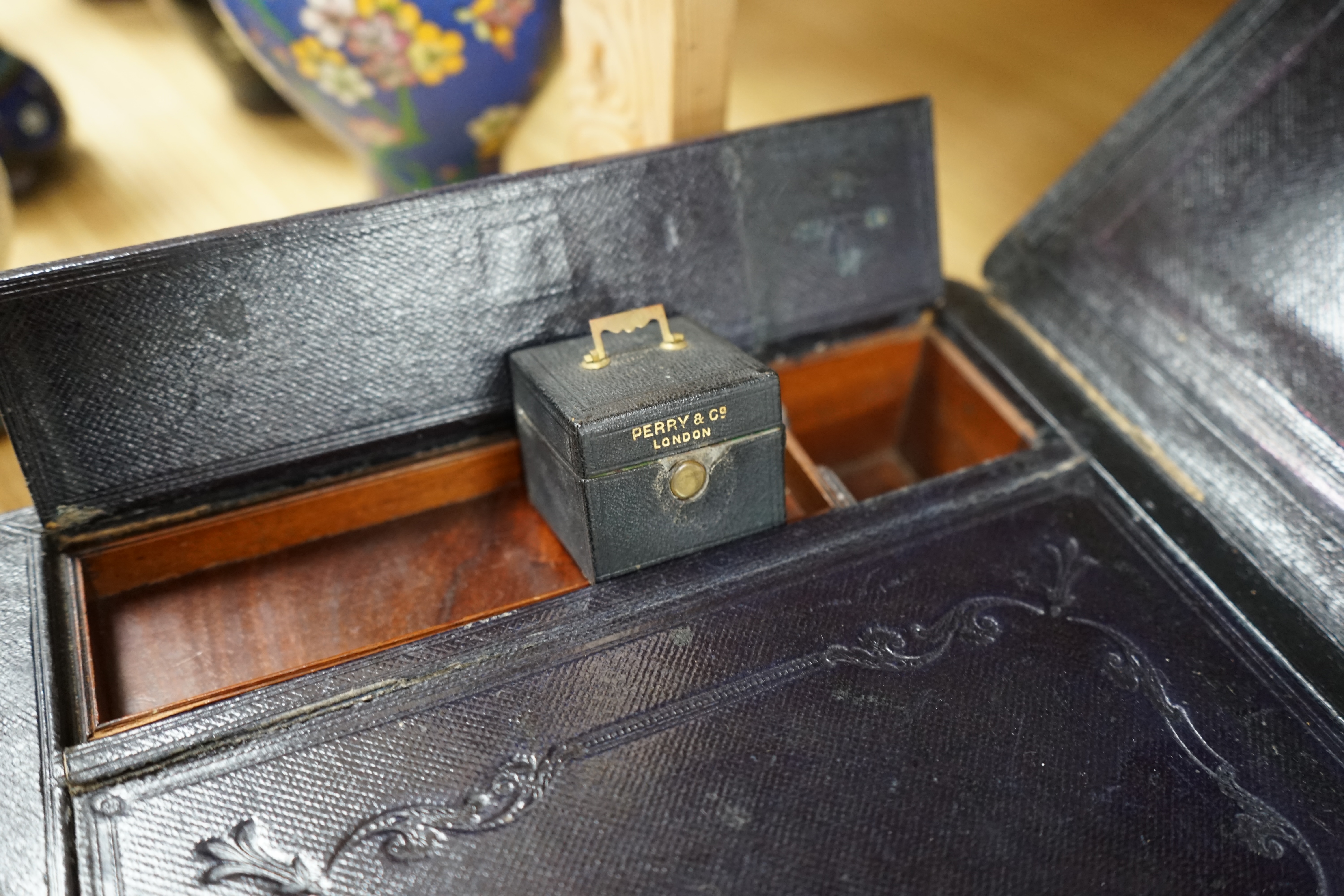 A Perry & Co London Travelling Writing Box, with Bramah Lock & Keys, 36cm wide. Condition - fair